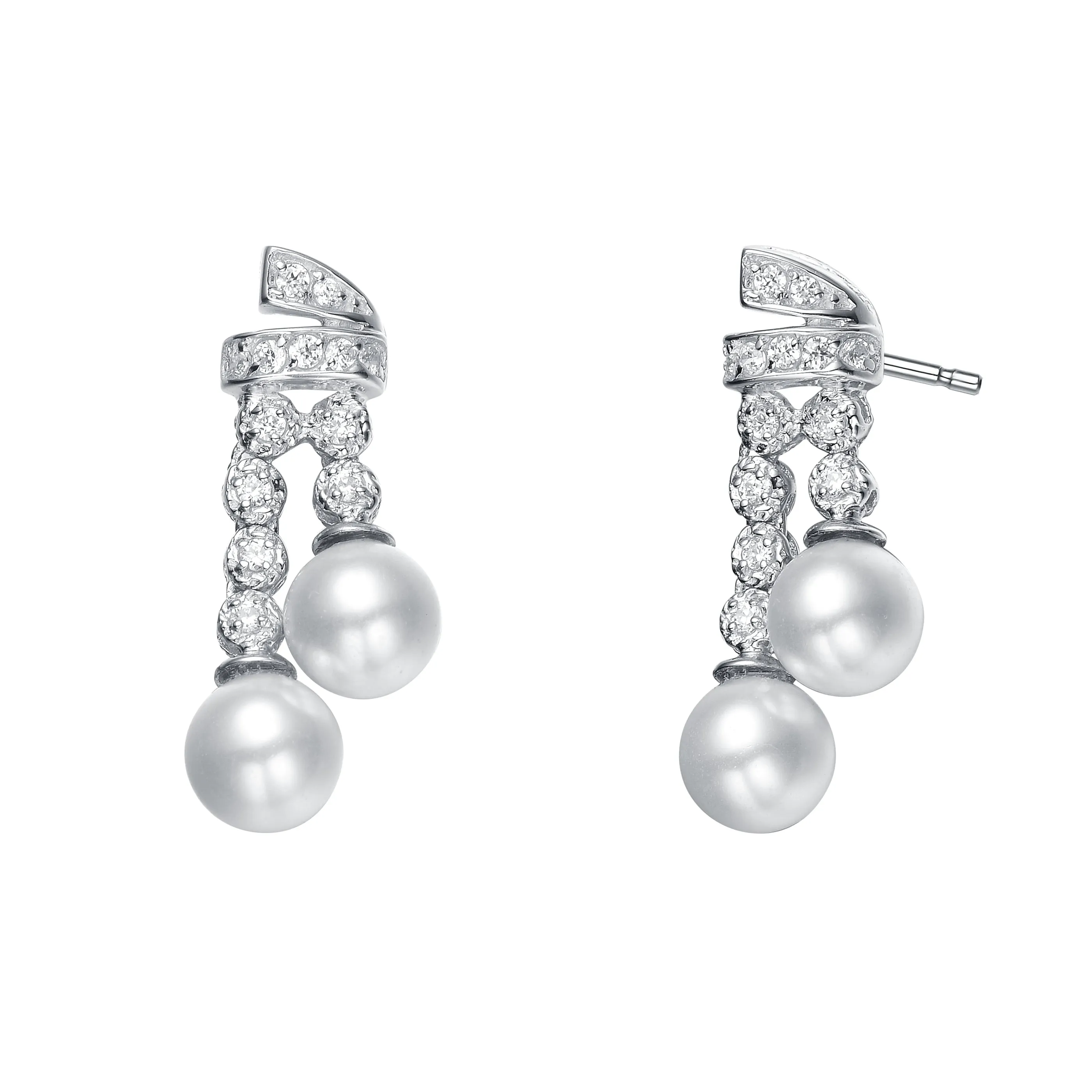 CZ Sterling Silver Double Strant Pearl Earrings