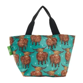 Eco Chic Lightweight Foldable Lunch Bag Teal Highland Cow