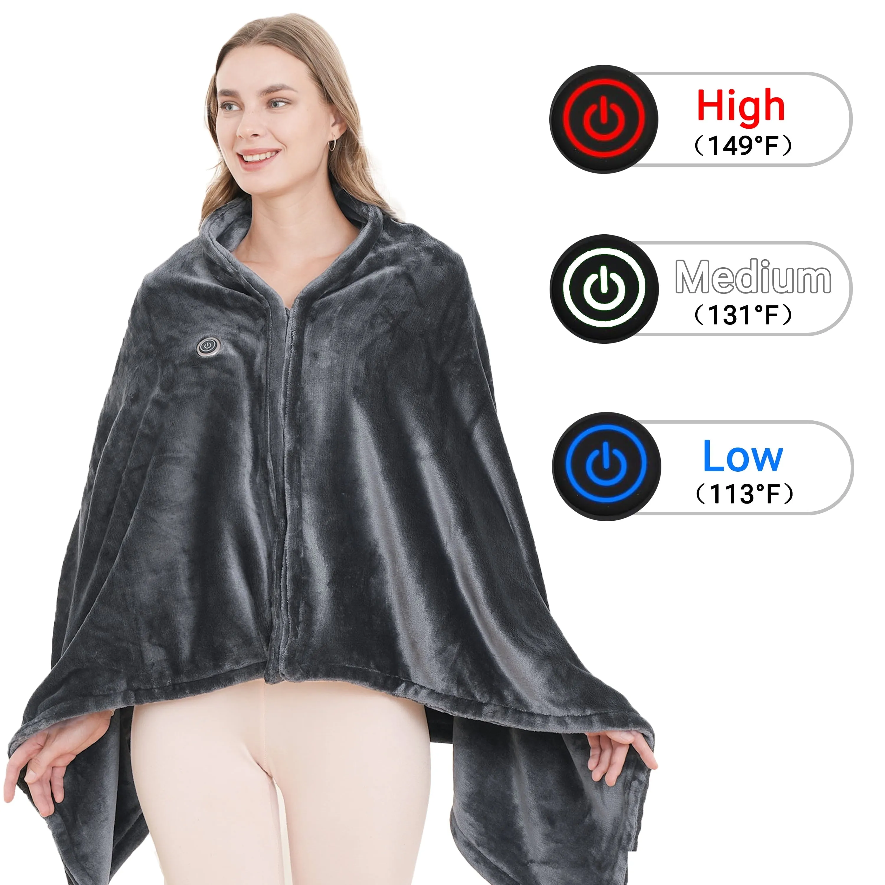 essential 59"x33" Electric Heated Blanket Portable USB Washable Heating Shawl Scarf with Zipper for Indoor Outdoor (Dark Grey)