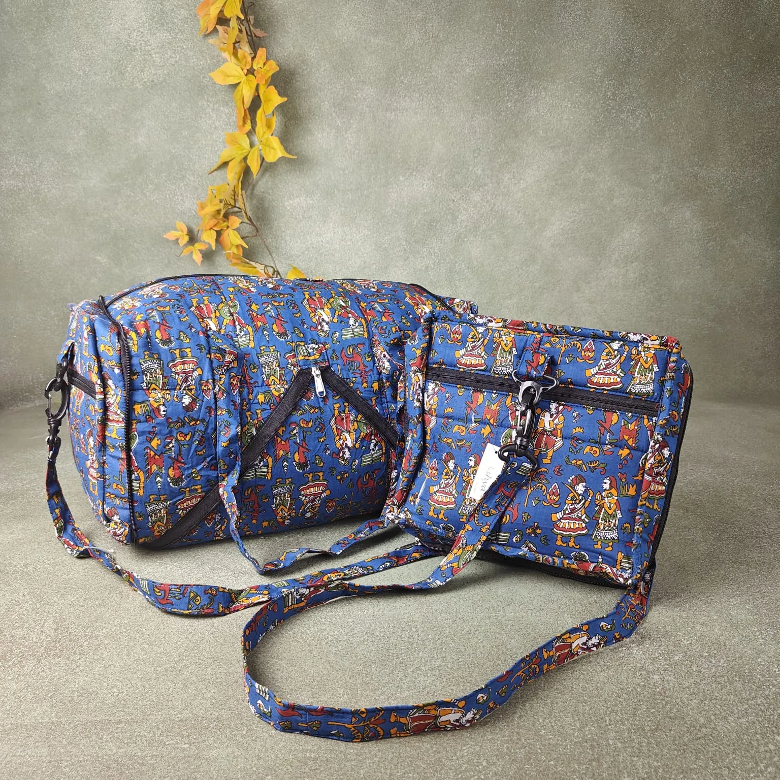 Expandable Travel Bag Blue Colour with Tribal Kalamkari Printed Design.