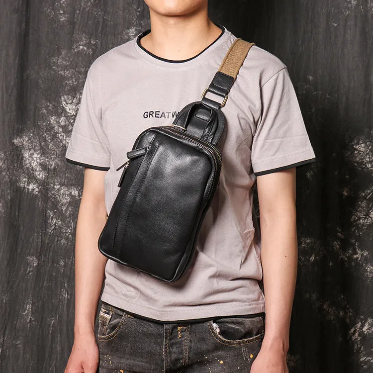 Full Grain Leather Sling Bag Black Leather Chest Bag Casual Crossbody Bag