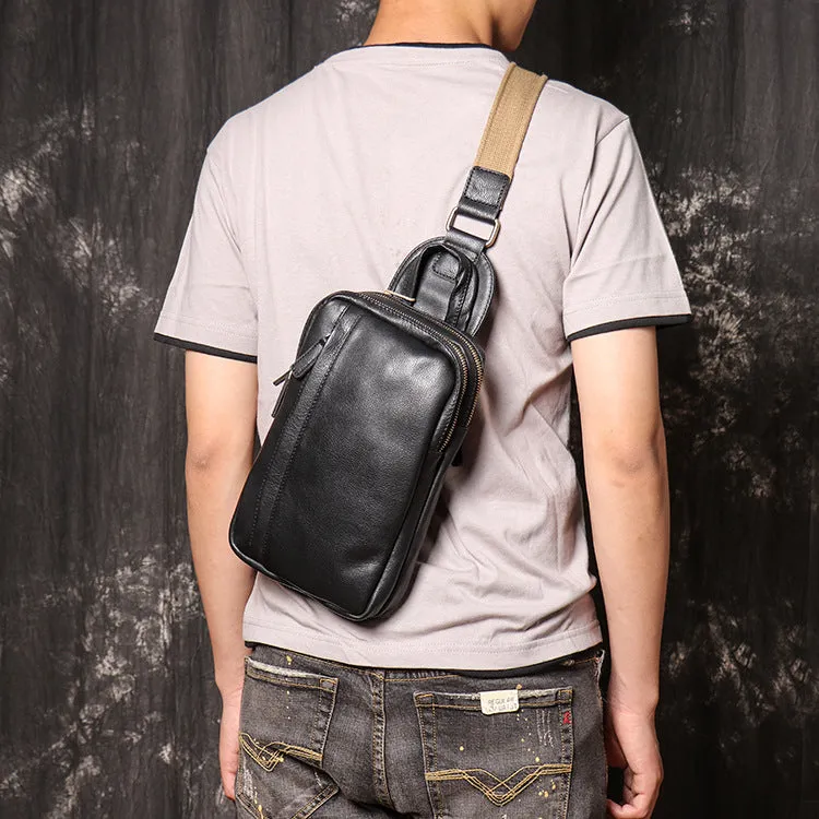 Full Grain Leather Sling Bag Black Leather Chest Bag Casual Crossbody Bag