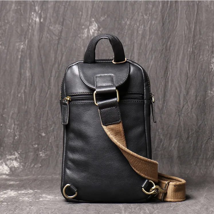 Full Grain Leather Sling Bag Black Leather Chest Bag Casual Crossbody Bag