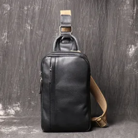 Full Grain Leather Sling Bag Black Leather Chest Bag Casual Crossbody Bag