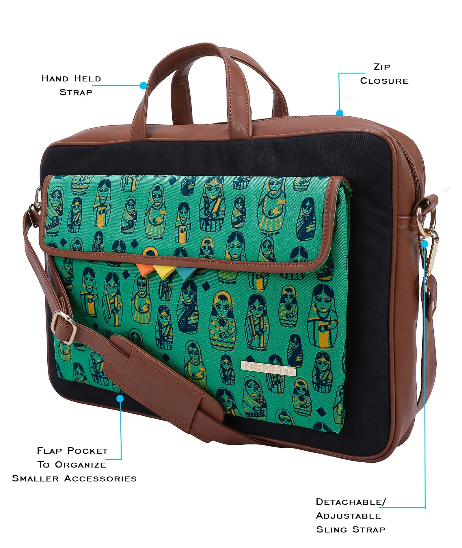 Funk For Hire Printed One Pocket Cotton Canvas Unisex 13 to 14 inch Laptop Bag Turquoise and Navy