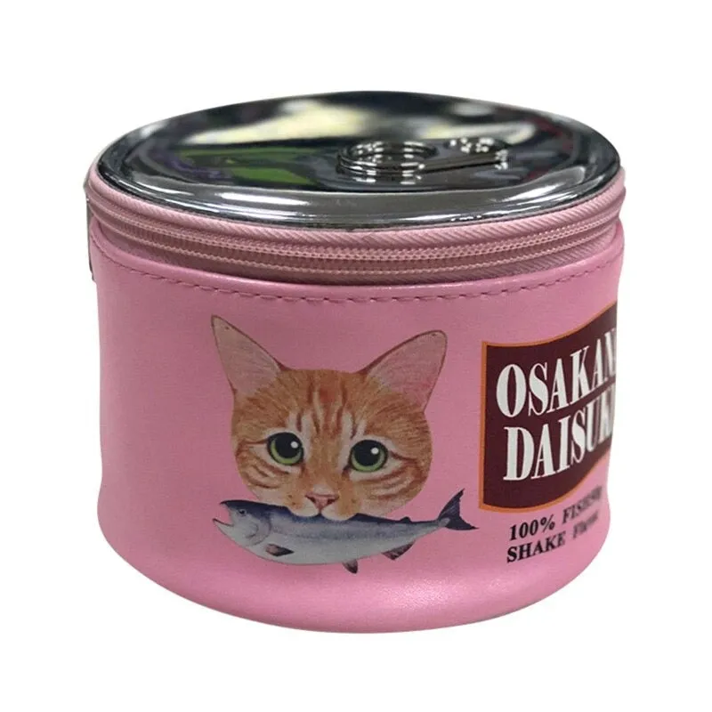 Funny Canned Cat Food Style Zippered Vegan Leather Cosmetic Storage Bags