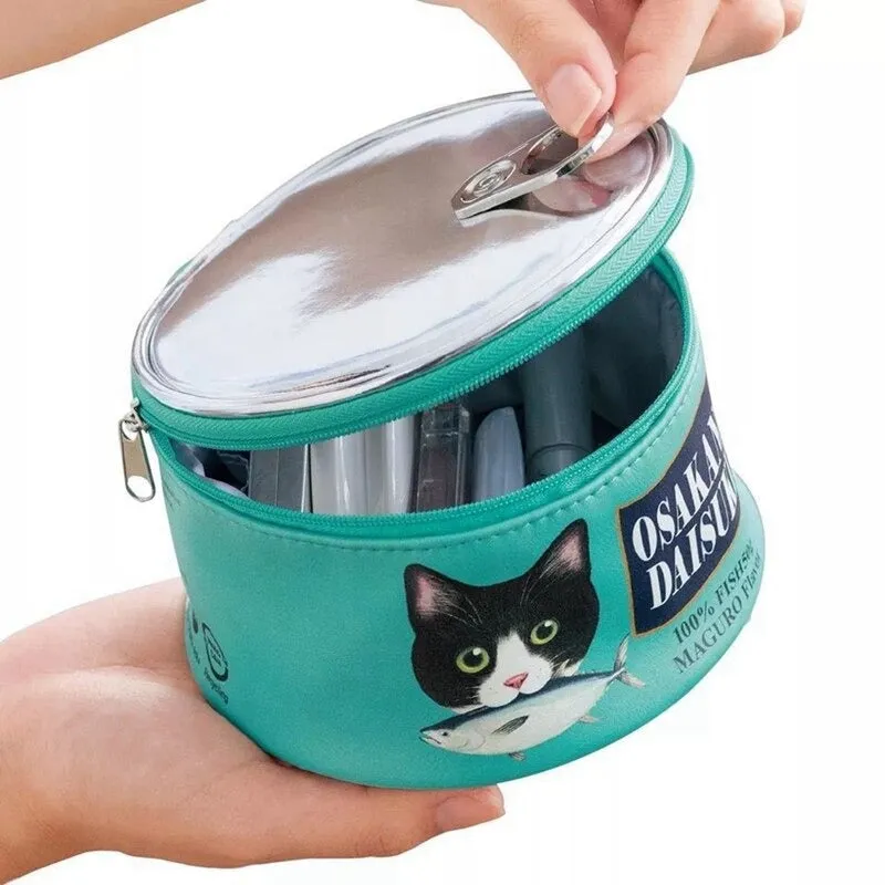 Funny Canned Cat Food Style Zippered Vegan Leather Cosmetic Storage Bags