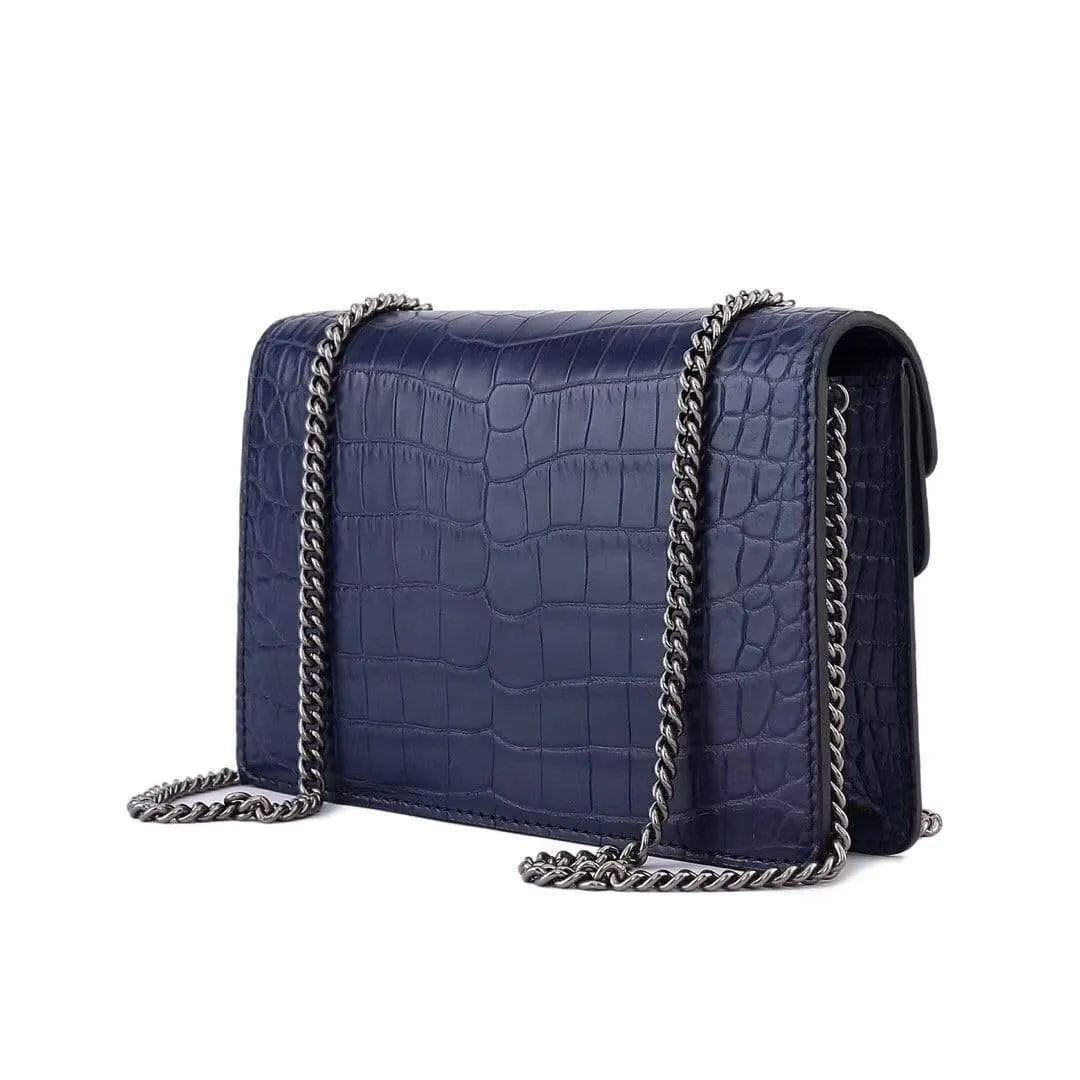 Genuine Crocodile Belly Leather Flap Cross body Messenger Mini Chain Bag Dark Blue