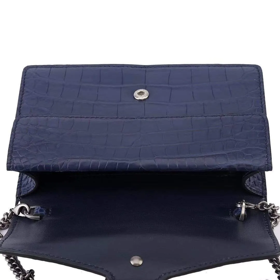 Genuine Crocodile Belly Leather Flap Cross body Messenger Mini Chain Bag Dark Blue