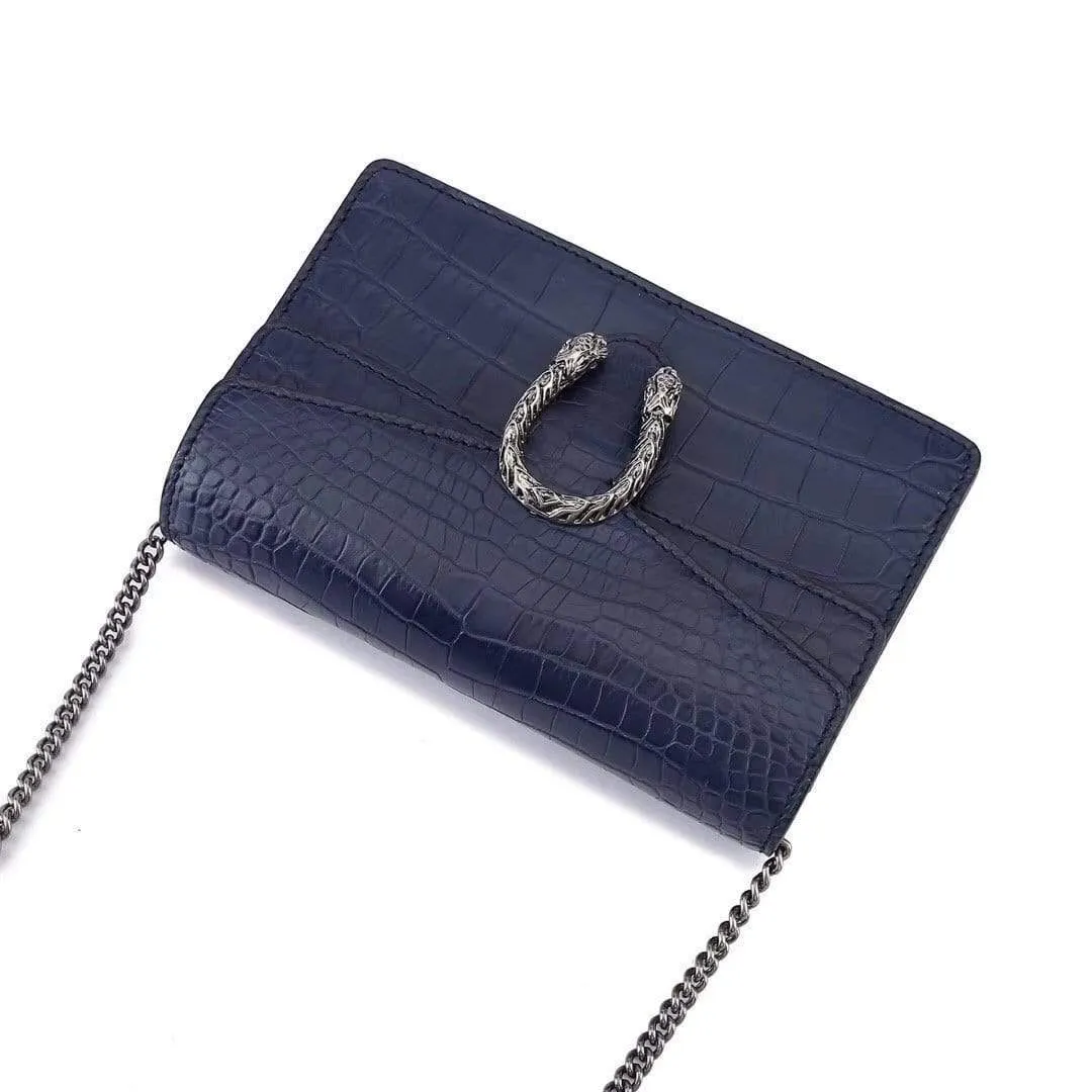 Genuine Crocodile Belly Leather Flap Cross body Messenger Mini Chain Bag Dark Blue