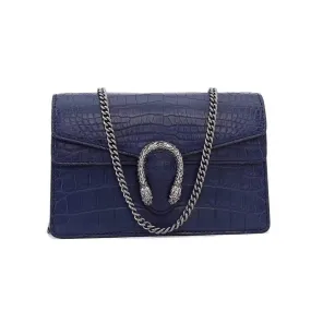 Genuine Crocodile Belly Leather Flap Cross body Messenger Mini Chain Bag Dark Blue