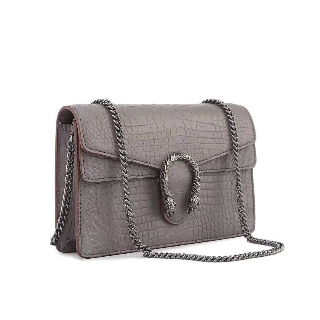 Genuine Crocodile Leather Flap Cross body Messenger Mini Chain Bag  Grey