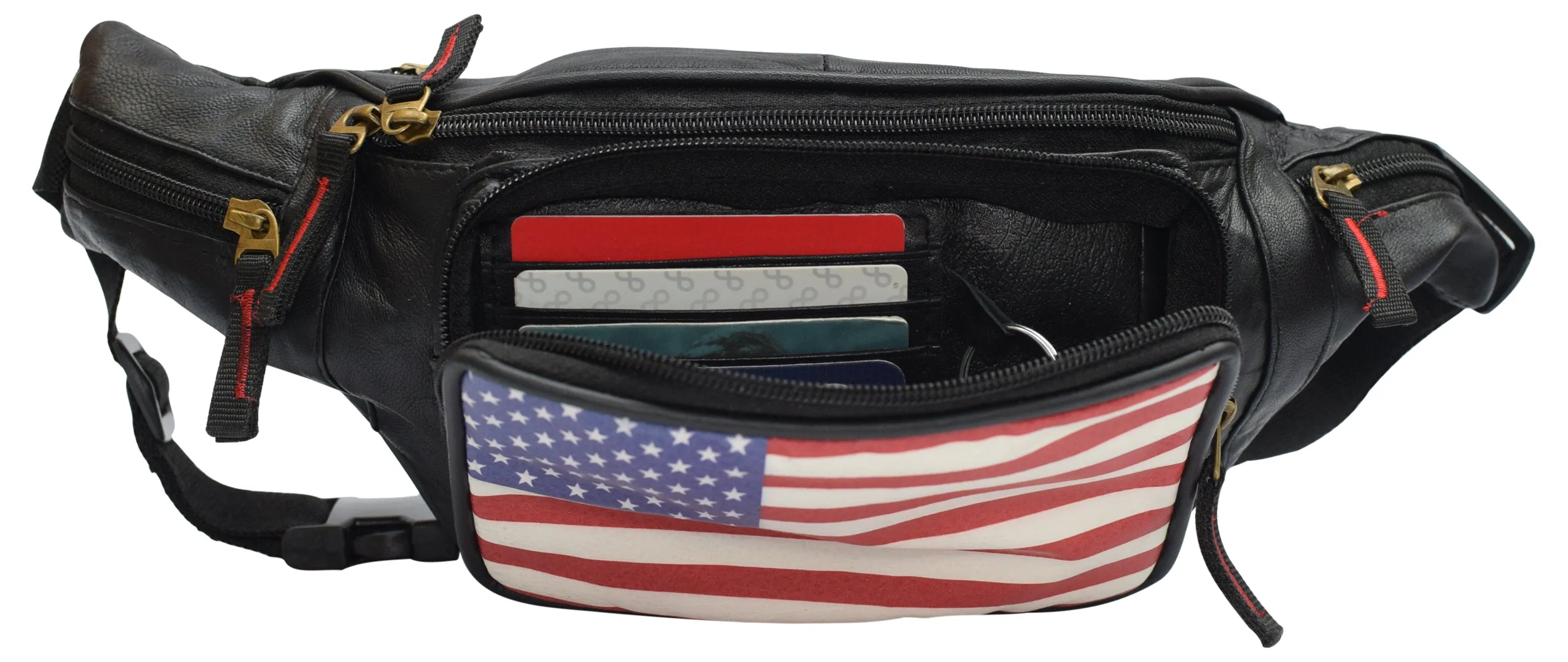 Genuine Leather USA Flag Fanny Pack with Bottle Holder, America Stars & Stripes Waist Bag