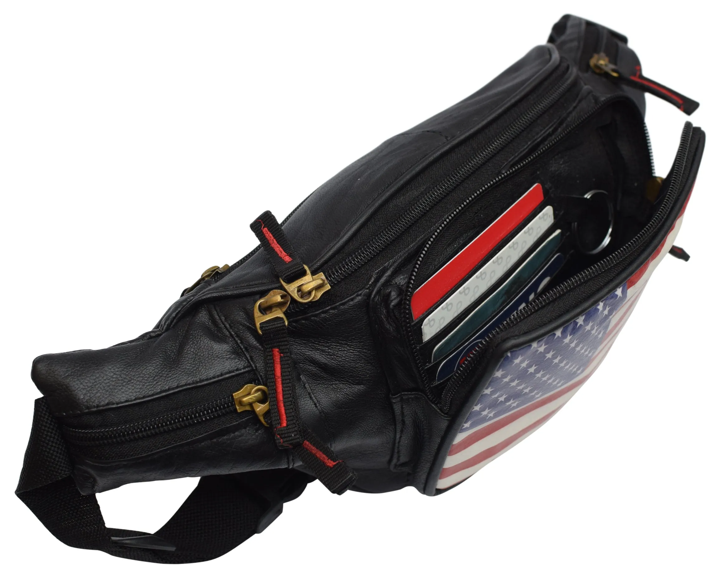 Genuine Leather USA Flag Fanny Pack with Bottle Holder, America Stars & Stripes Waist Bag