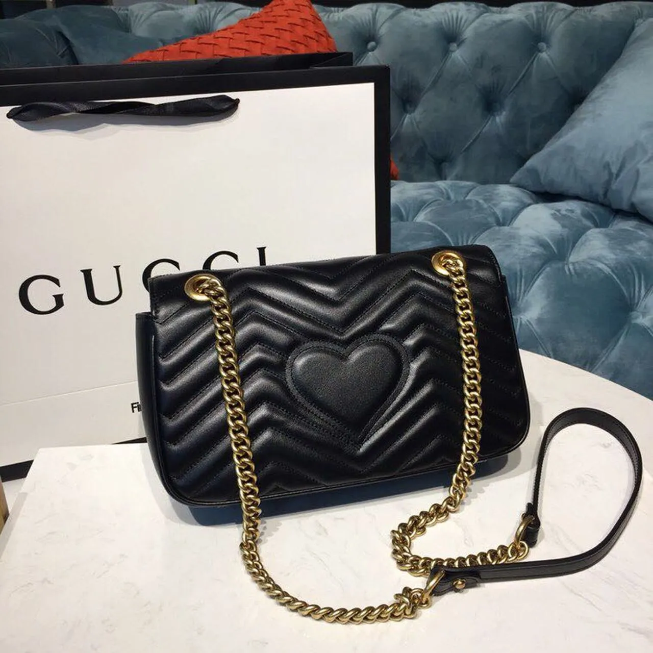 gg Marmont Small Matelassé Shoulder Bag Black Matelassé Chevron With A Heart For Women 10in/22cm gg 446744 DTDIT 1000