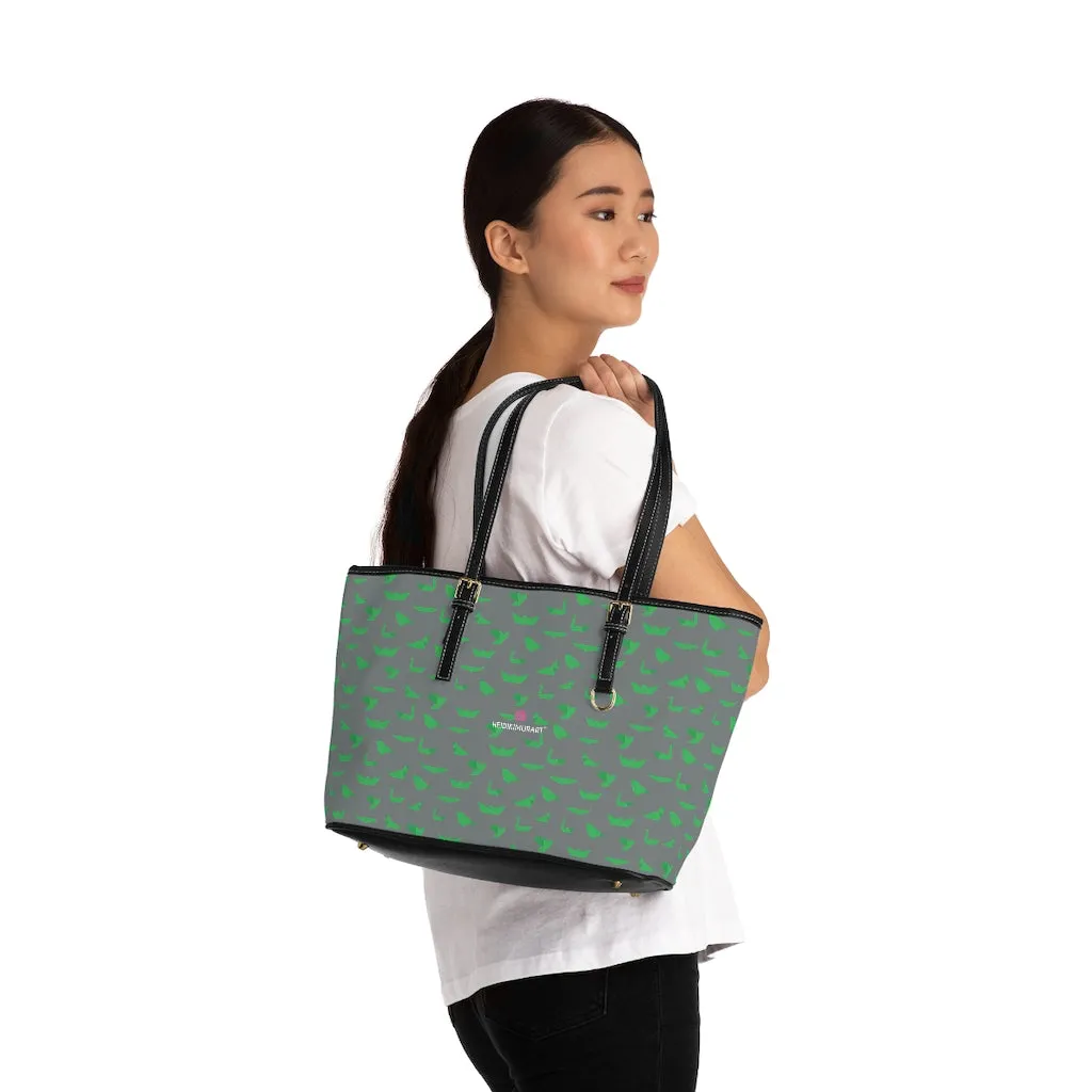 Gray Green Crane Tote Bag, Japanese Style Best PU Leather Shoulder Hand Work Bag 17"x11"/ 16"x10"