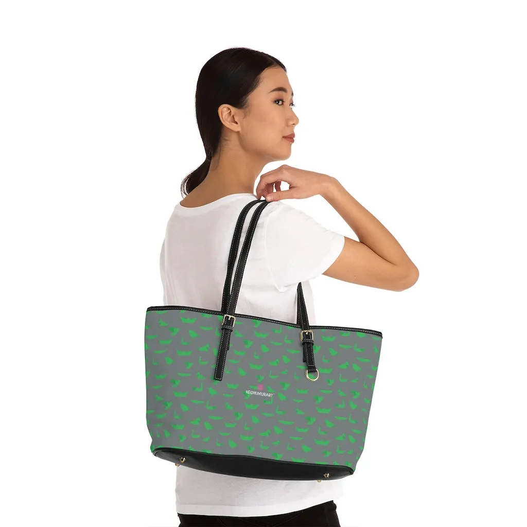 Gray Green Crane Tote Bag, Japanese Style Best PU Leather Shoulder Hand Work Bag 17"x11"/ 16"x10"