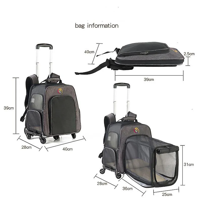 Grey Expandabale And Portable Rod Cat Dog'S Case On Wheel Breathable Pet Carrier Bag Outdoor Travel Backpack Fa0984