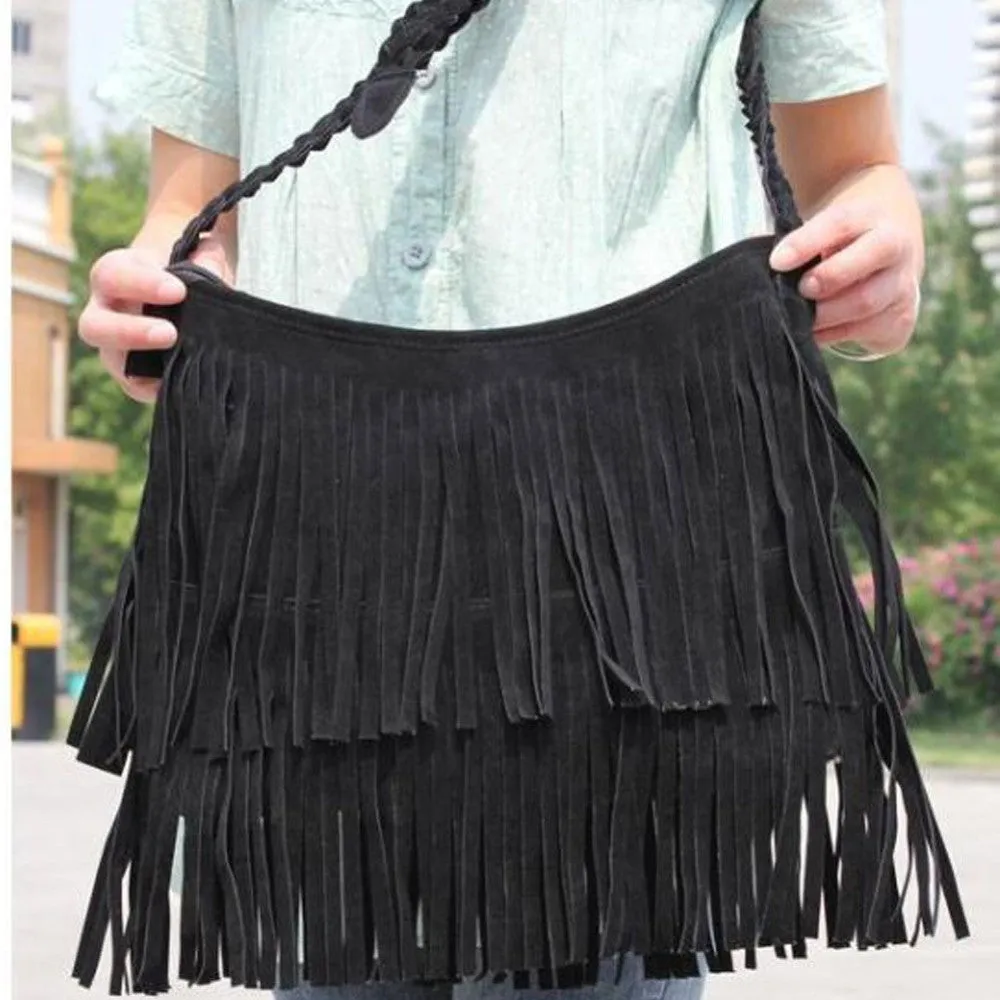 Hot Sale Fashion Women Suede Weave Tassel Shoulder Bag Messenger Bag Fringe Handbags High Quality