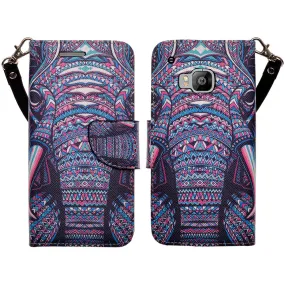 HTC One M9 Case, Wrist Strap Magnetic Flip Fold[Kickstand] Pu Leather Wallet Case with ID & Card Slots - Tribal Elephant