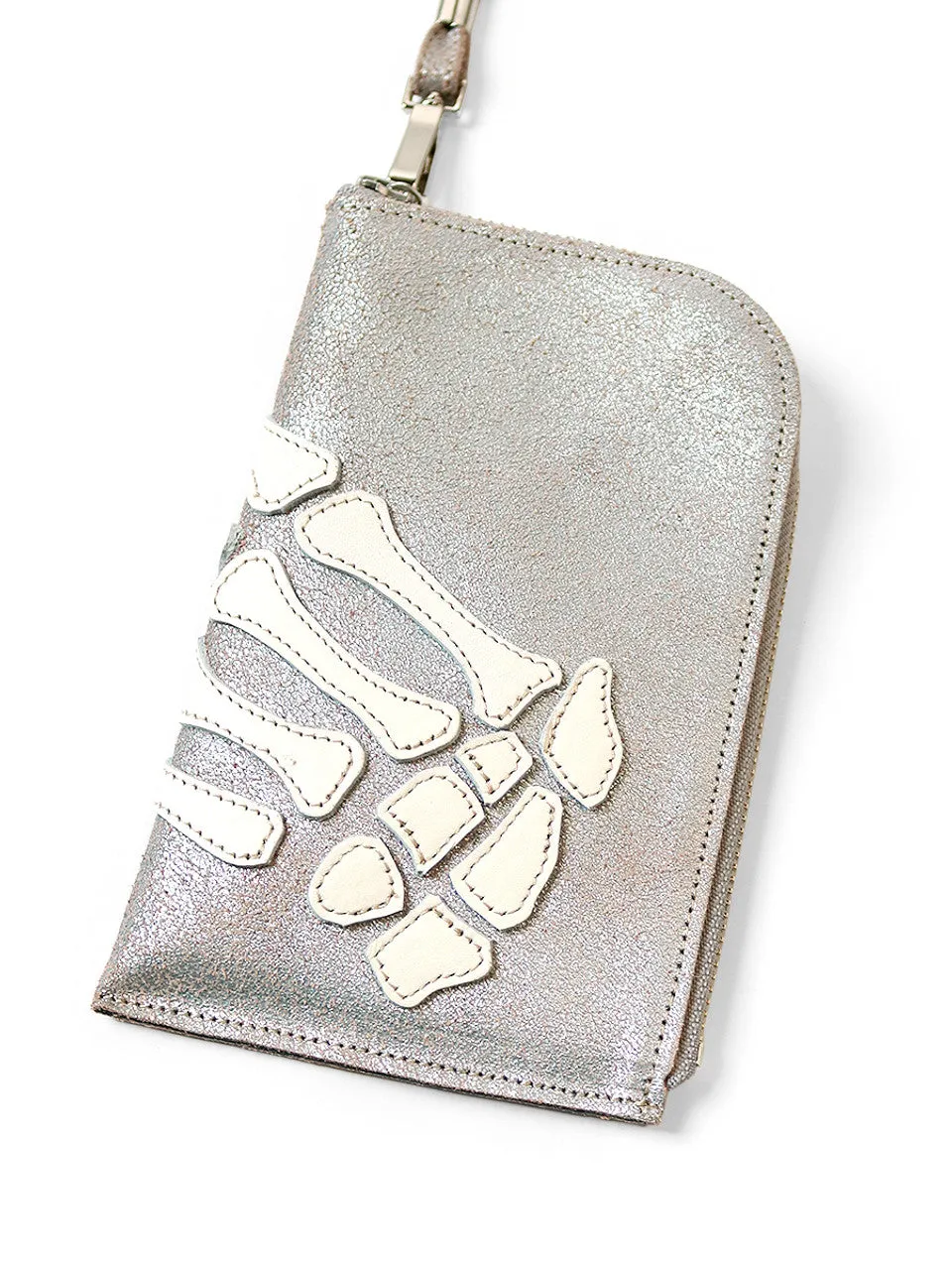 Kapital Crack Leather Thumbs-Up Bone Hand Zip Neck Pouch - Silver