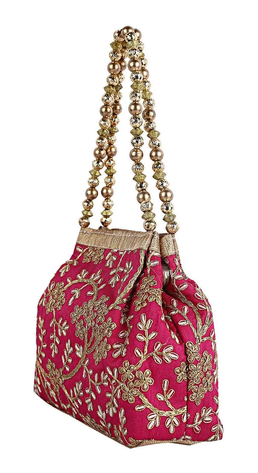 Kuber Industries 2 Pieces Polyester Embroidered Woman Potli Bag, Pink & Cream - CTKTC031402