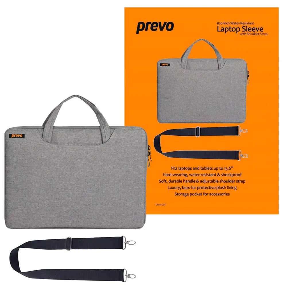 Laptop Sleeve with Shoulder Strap, Water Resistant, Grey - For Laptops up to 15.6"