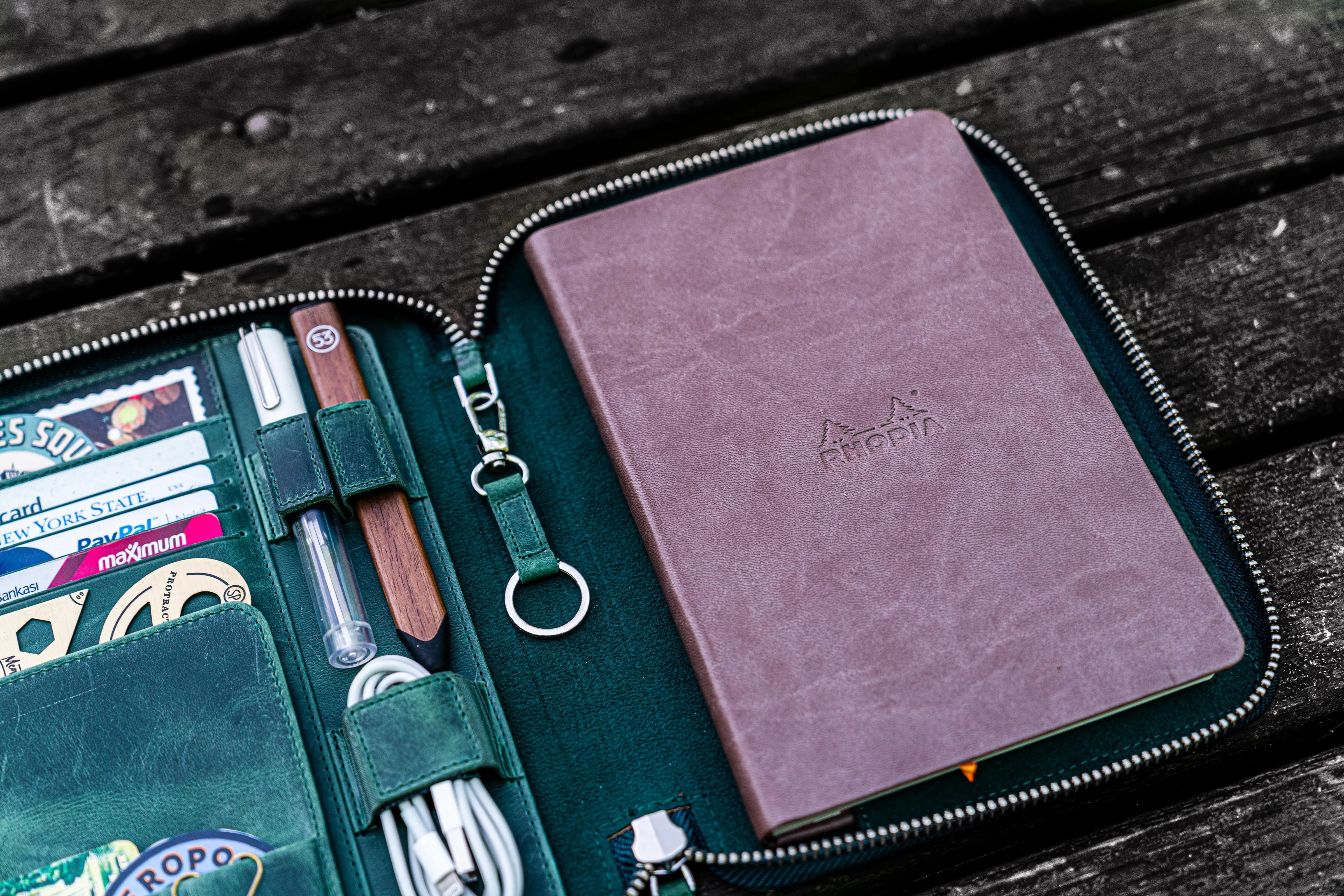 Leather Zippered Rhodia A5 Notebook & iPad Mini Folio - Crazy Horse Forest Green