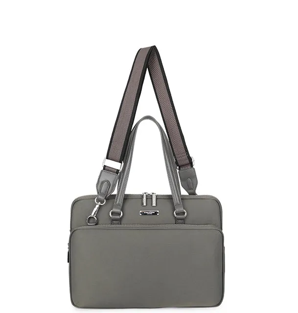 LIGHTWEIGHT GREY MULTI COMPARTMENT LAPTOP HANDBAG WITH LONG SHOULDER STRAP