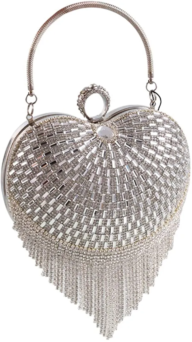 Luxury Gold Heart Shape Mirror Tassel Rhinestones Party Clutch Bag/Purse/Handbag