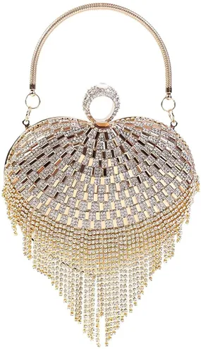 Luxury Gold Heart Shape Mirror Tassel Rhinestones Party Clutch Bag/Purse/Handbag