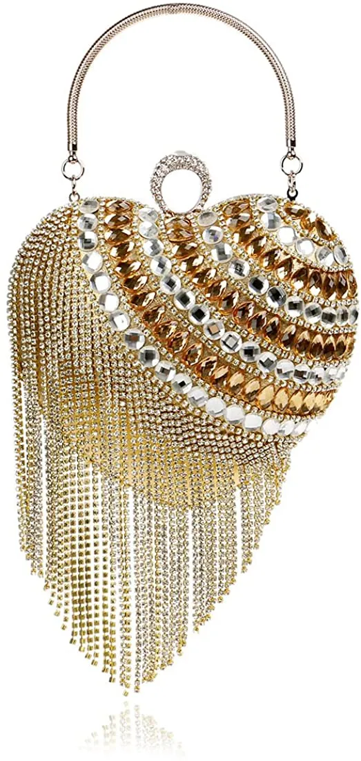 Luxury Gold Heart Shape Mirror Tassel Rhinestones Party Clutch Bag/Purse/Handbag