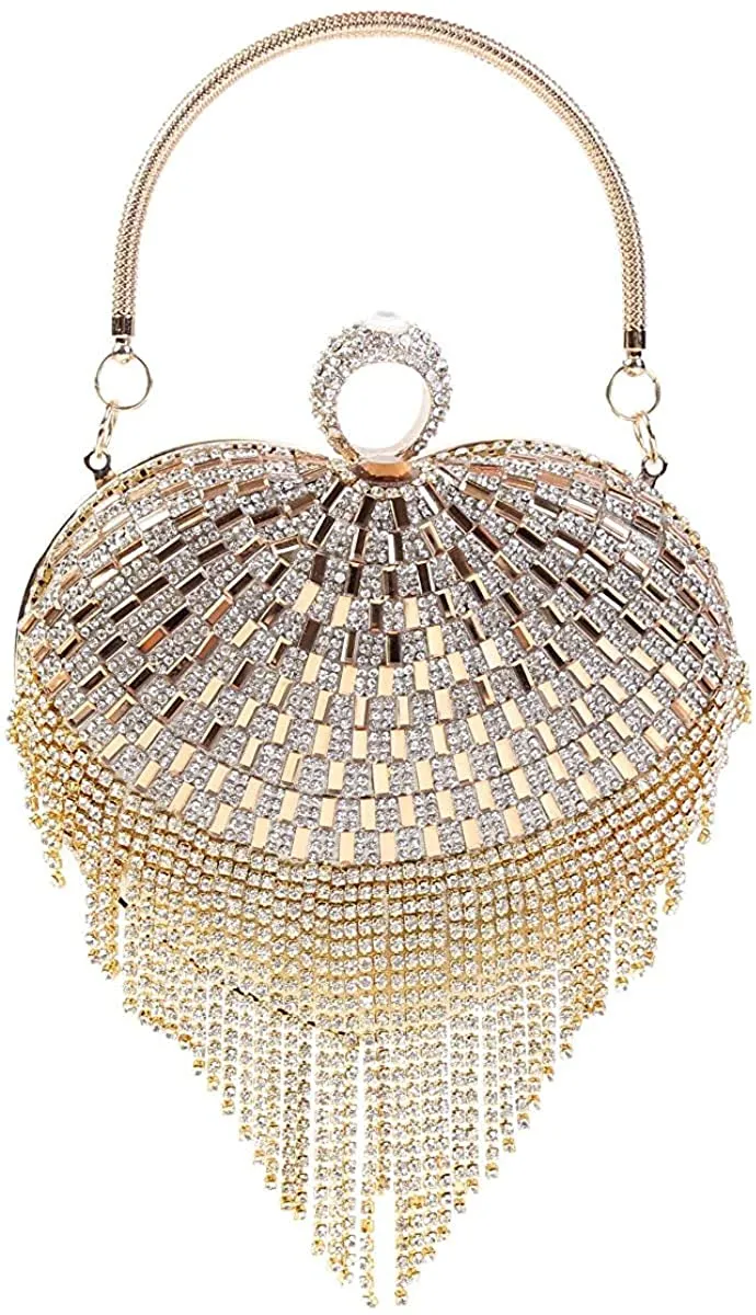 Luxury Gold Heart Shape Mirror Tassel Rhinestones Party Clutch Bag/Purse/Handbag