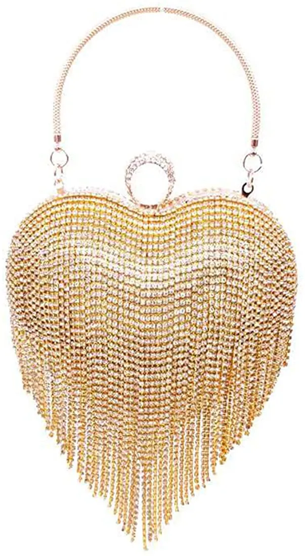 Luxury Gold Heart Shape Mirror Tassel Rhinestones Party Clutch Bag/Purse/Handbag