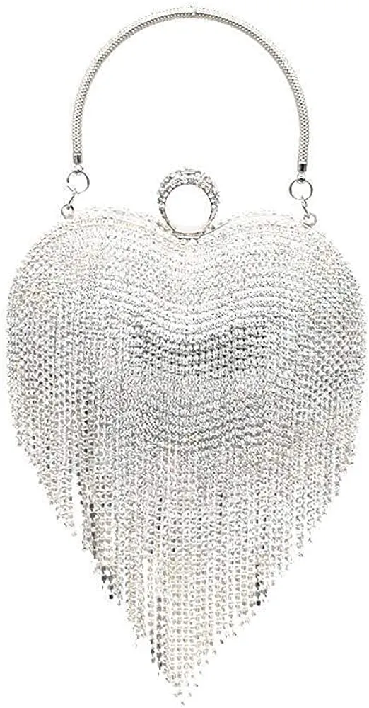 Luxury Gold Heart Shape Mirror Tassel Rhinestones Party Clutch Bag/Purse/Handbag