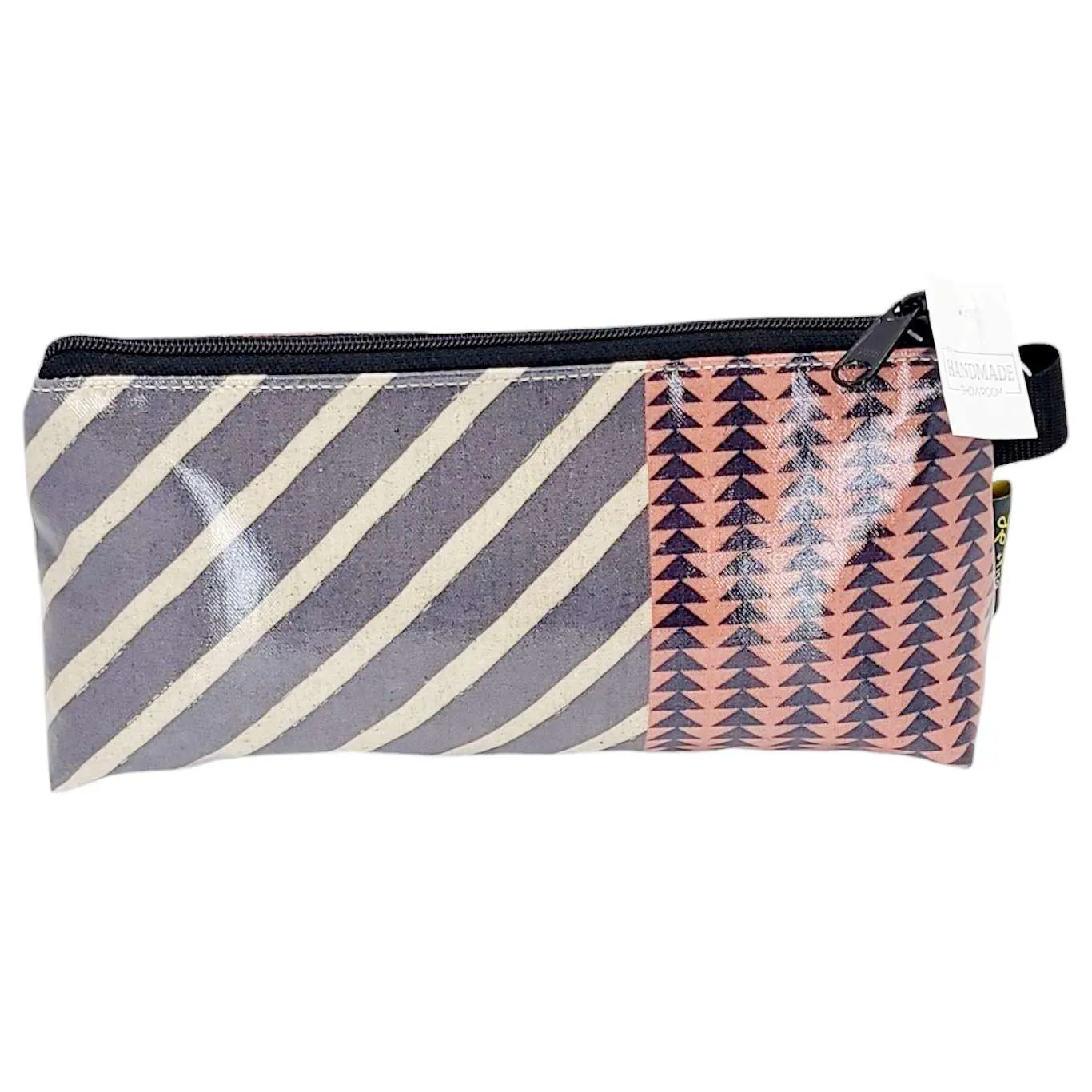 Makeup Bag - Small - Grey and Linen Stripes with Pink by Laarni and Tita