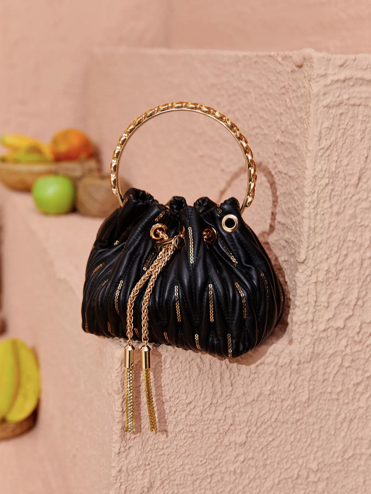 Mattea Leather Sequin Bucket Bag In Black