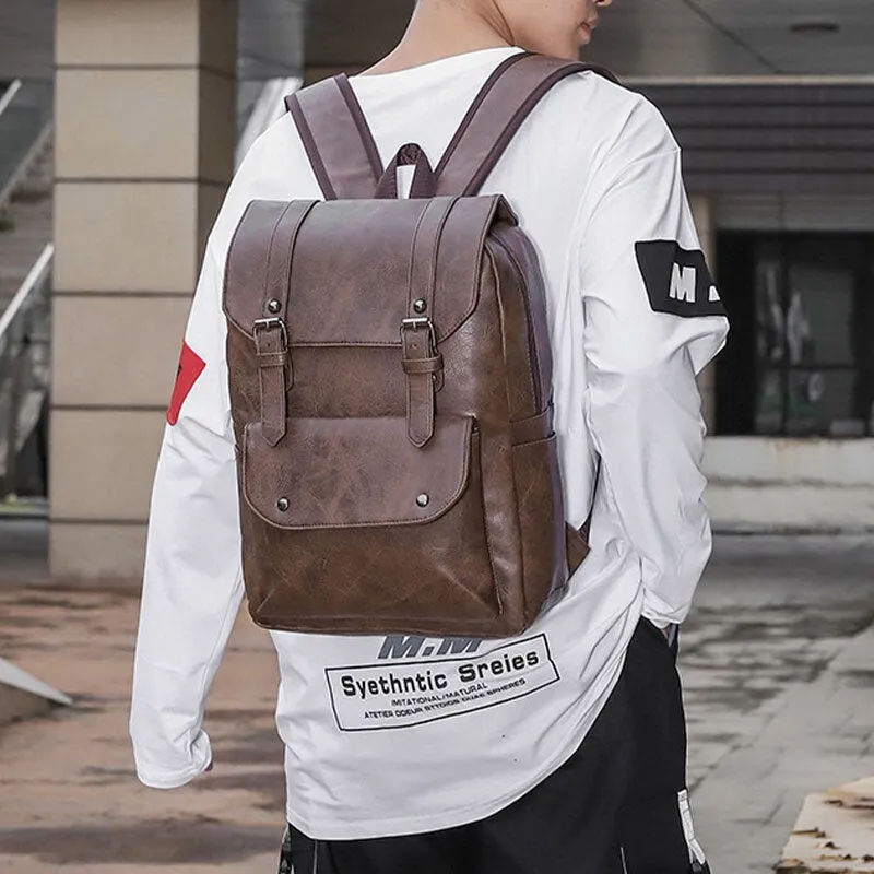 Men Casual Travel Multi-pocket Large Capacity Backpack Solid Retro Wear-resistant Waterproof PU Soft Leather 14 Inch Laptop Bag