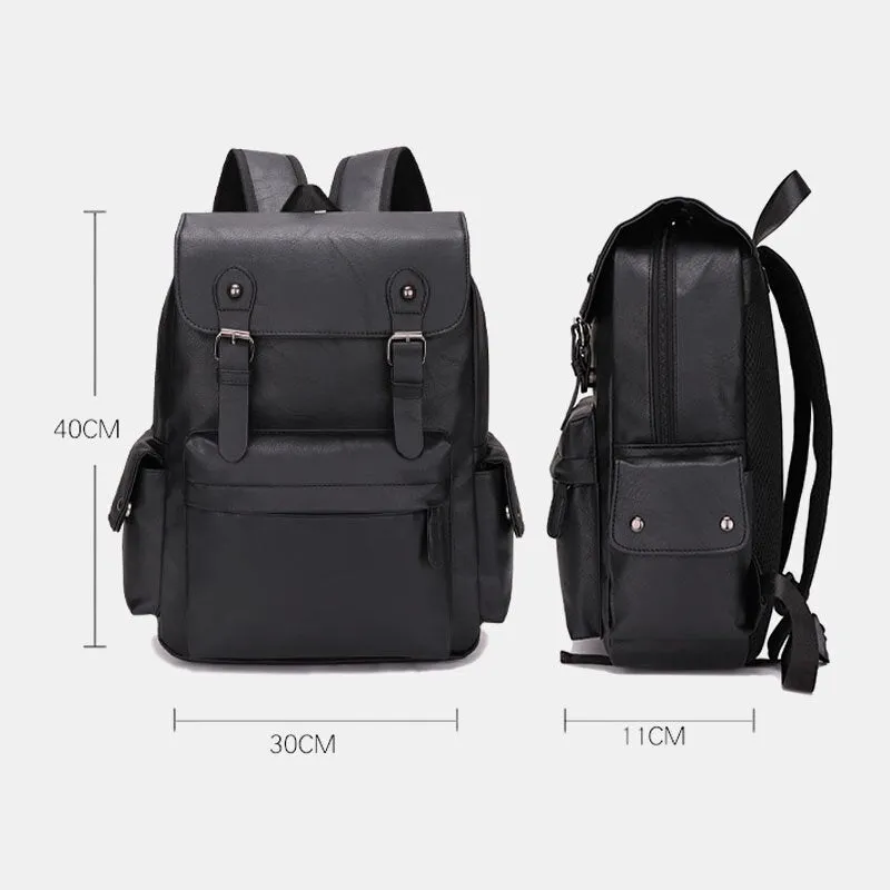 Men Casual Travel Multi-pocket Large Capacity Backpack Solid Retro Wear-resistant Waterproof PU Soft Leather 14 Inch Laptop Bag