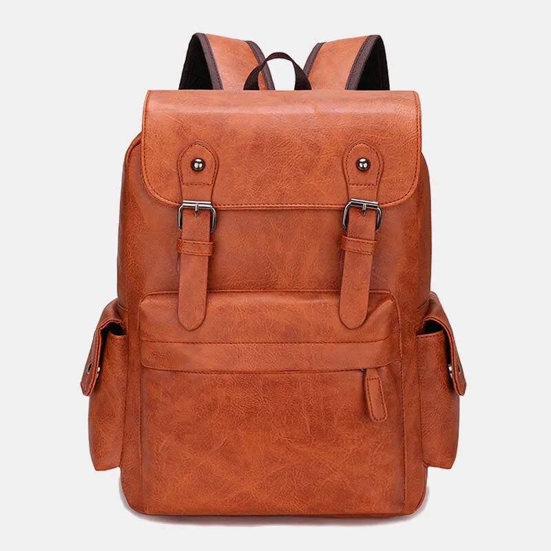 Men Casual Travel Multi-pocket Large Capacity Backpack Solid Retro Wear-resistant Waterproof PU Soft Leather 14 Inch Laptop Bag