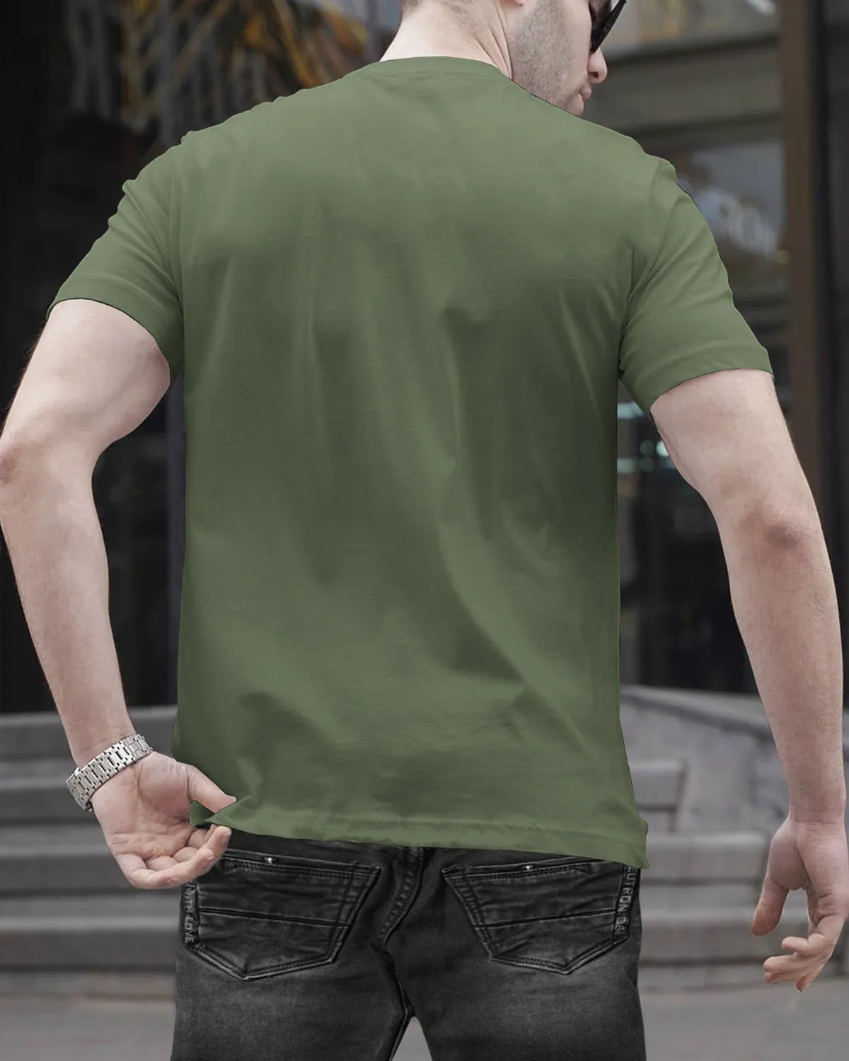 Men Olivegreen V-neck Button Half Sleeve T-shirt