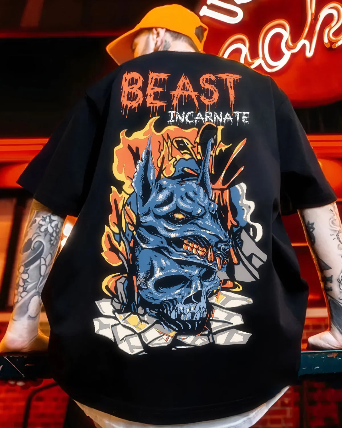 Men Oversized Beast Graphic Back Printed T-shirt