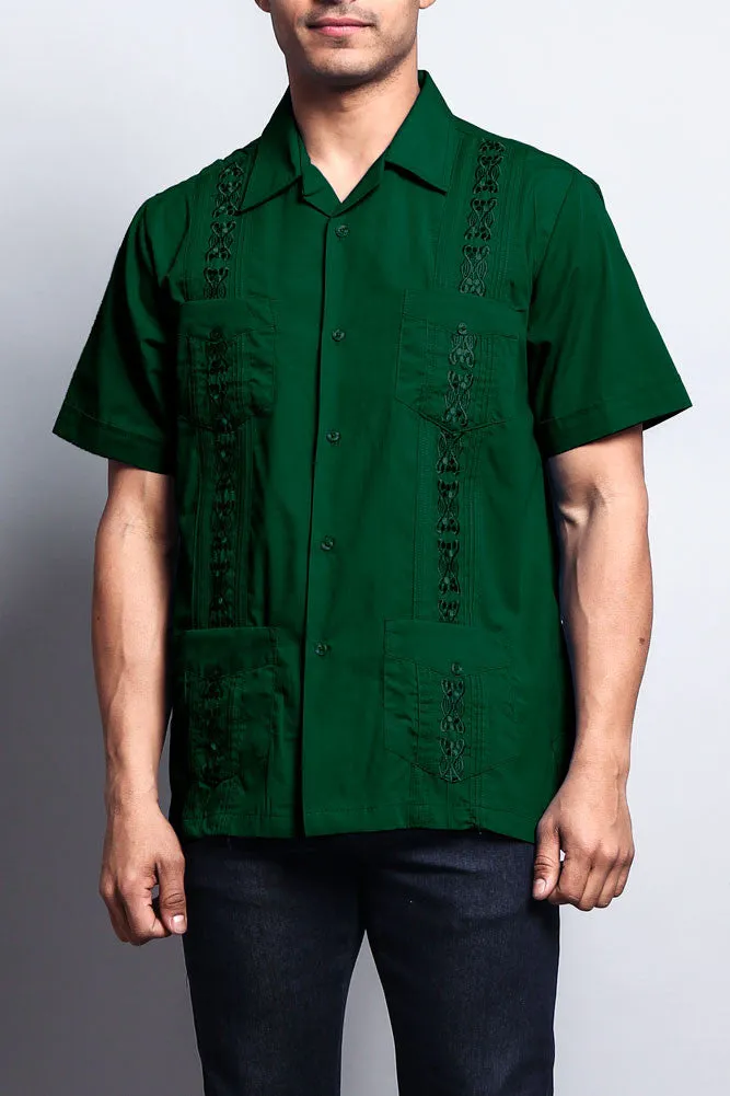 Men's Short Sleeve Cuban Style Guayabera Shirt (Dark Green)