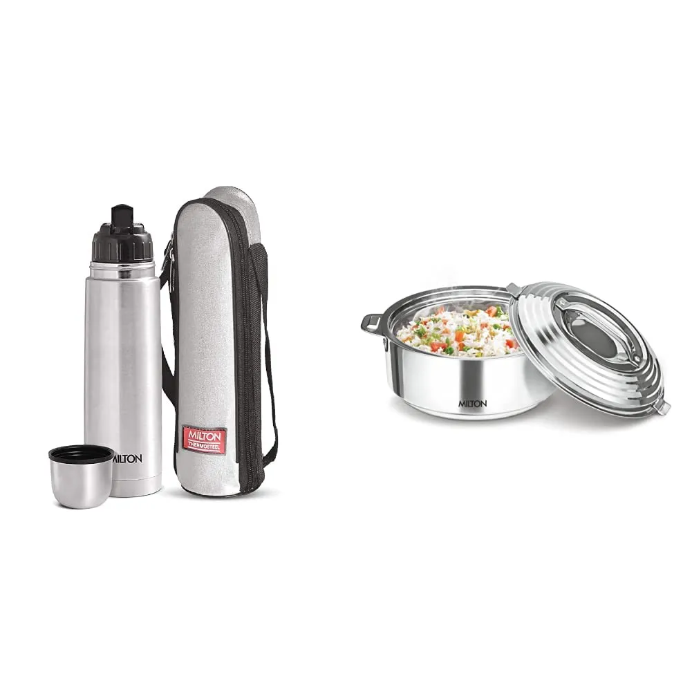 Milton Thermosteel Flip Lid Flask, 1000 millilitres, Silver & Galaxia Stainless Steel Casserole, 2.5 litres, Silver Combo