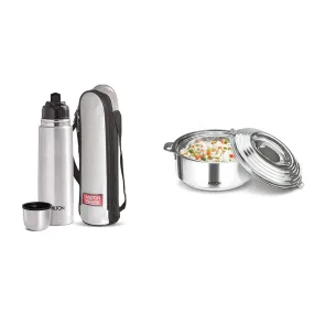 Milton Thermosteel Flip Lid Flask, 1000 millilitres, Silver & Galaxia Stainless Steel Casserole, 2.5 litres, Silver Combo