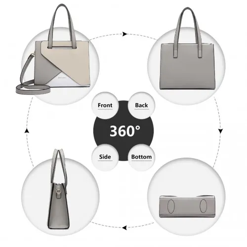 Miss Lulu Contrast Panel Shoulder Bag - Grey and Beige | Stylish & Practical Handbag