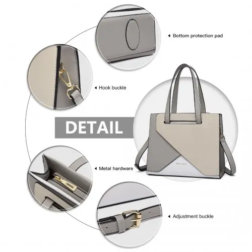 Miss Lulu Contrast Panel Shoulder Bag - Grey and Beige | Stylish & Practical Handbag