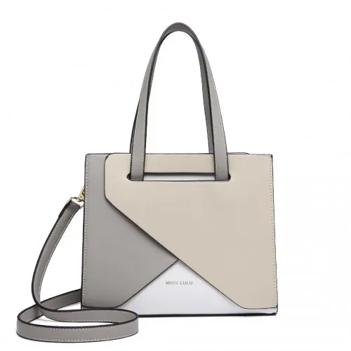 Miss Lulu Contrast Panel Shoulder Bag - Grey and Beige | Stylish & Practical Handbag