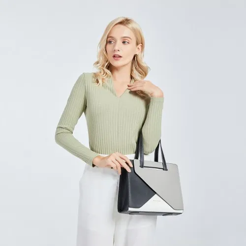 Miss Lulu Contrast Panel Shoulder Bag - Grey and Beige | Stylish & Practical Handbag