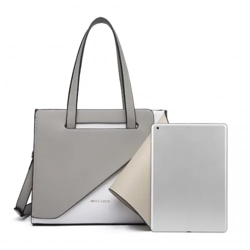 Miss Lulu Contrast Panel Shoulder Bag - Grey and Beige | Stylish & Practical Handbag